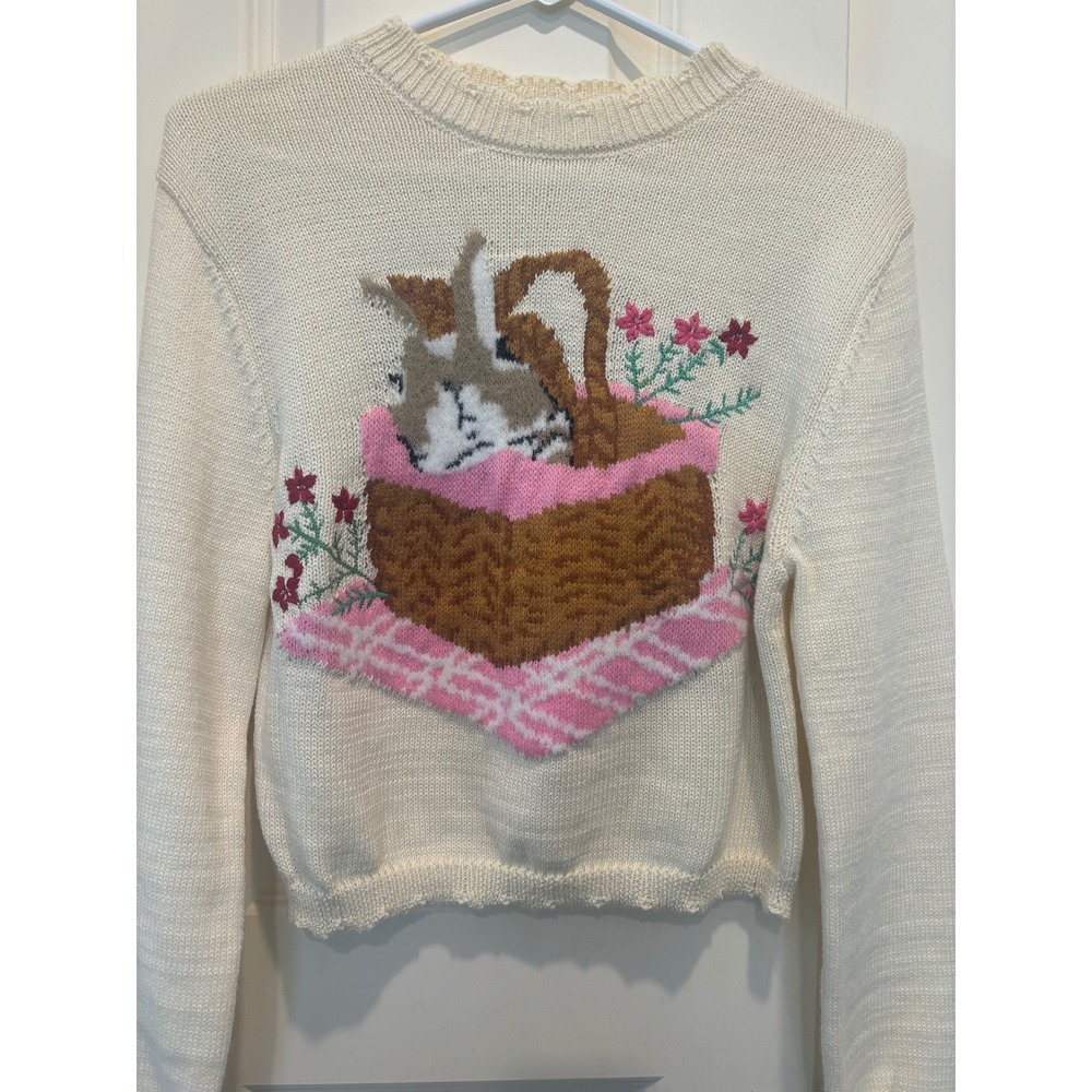 Easter Knit Sweater Bunny Rabbit Basket Flowers Crew Neck Kids size Large